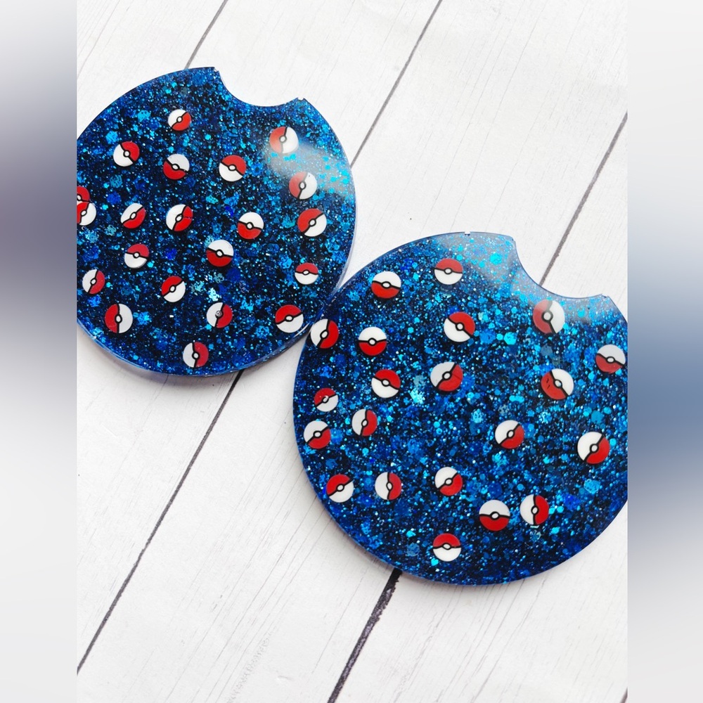 Pokemon Pokeball Blue Glitter Handmade Resin Car Coaster Set